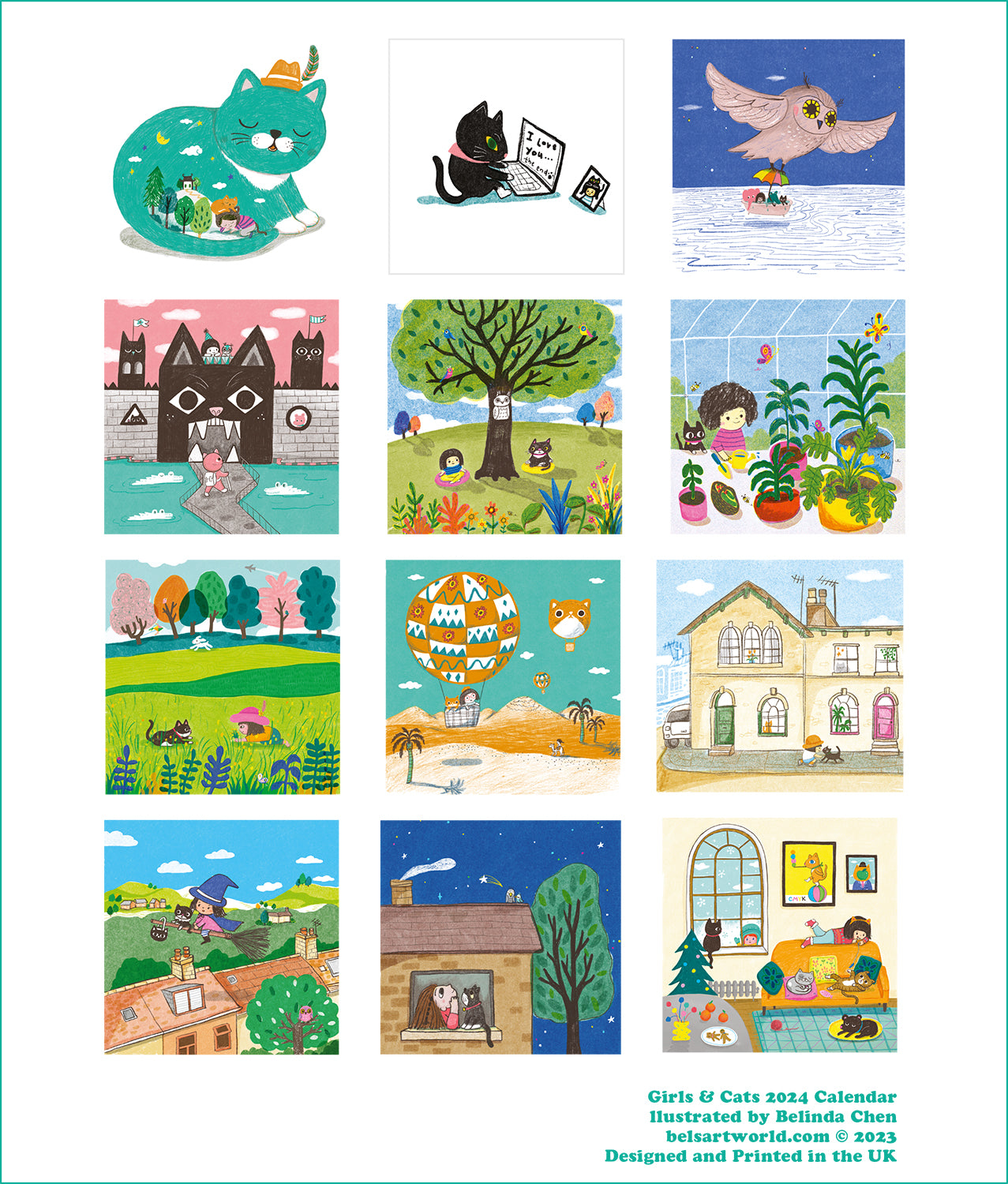 Girls and Cats 2024 calendar- A4 Wall Calendar