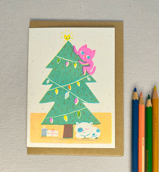 Happy Holiday kitty Xmas tree - A6 risograph cute cats holidays Card