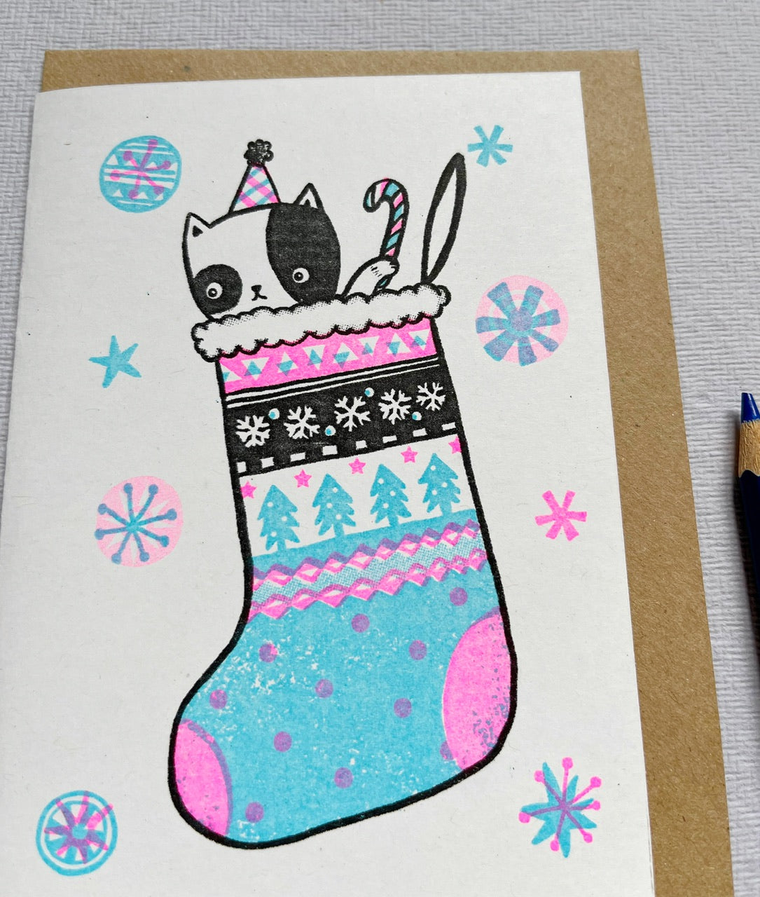Kitty in Xmas stocking - risograph Christmas holiday Card