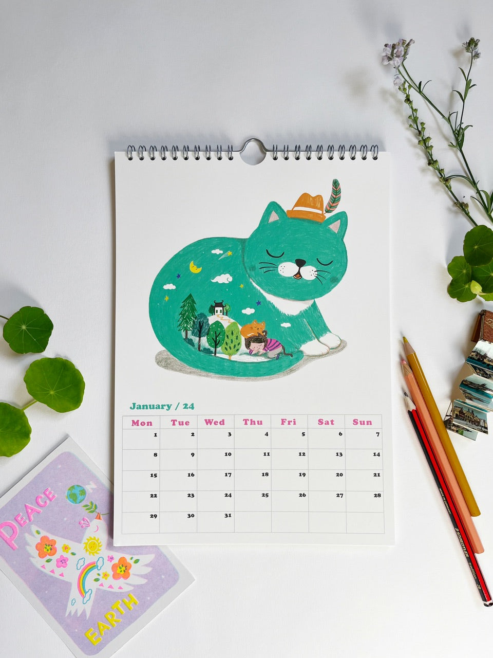 Girls and Cats 2024 calendar- A4 Wall Calendar