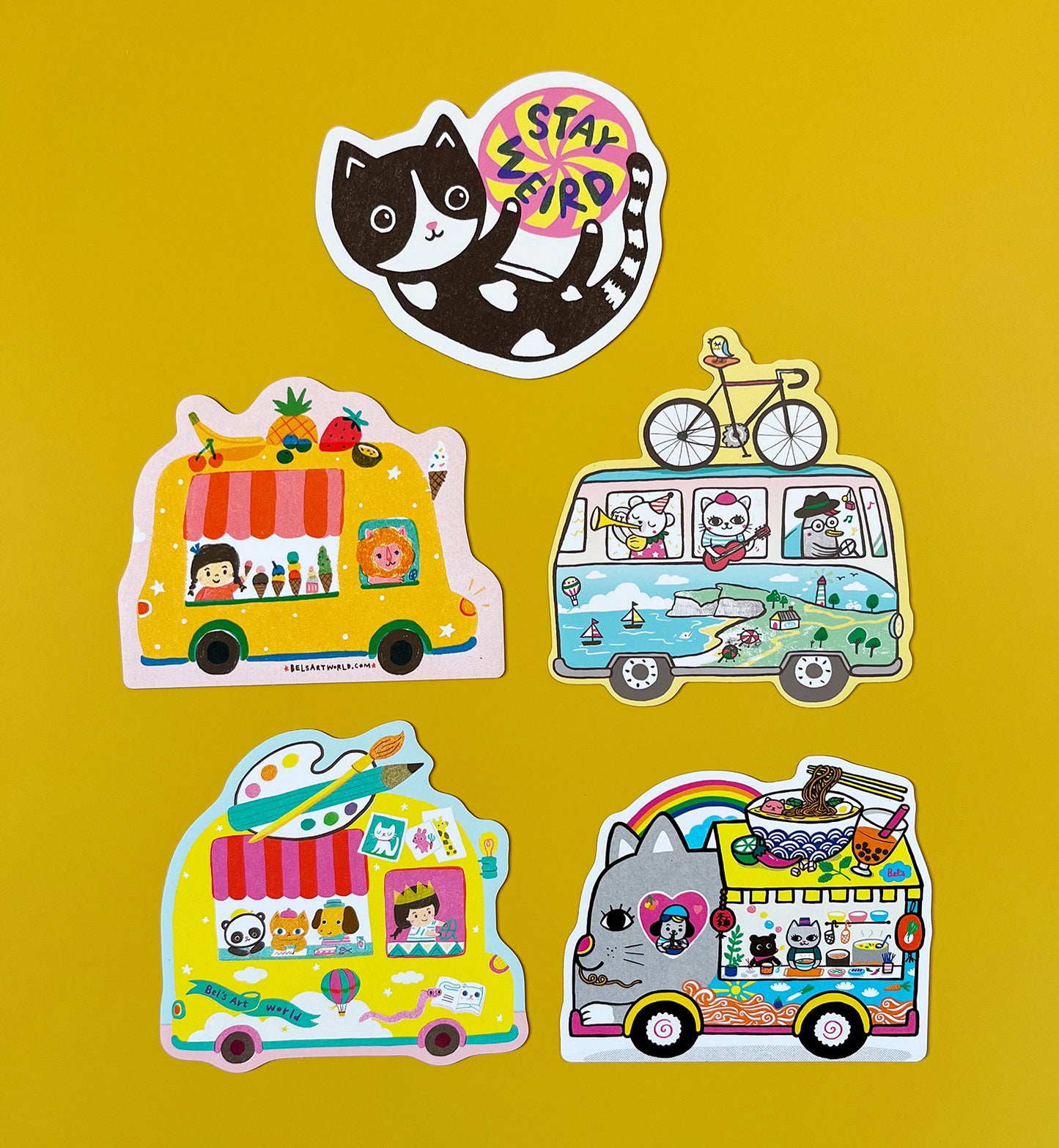 Illustrated cute truck vinyl magnet - Noodle cat truck, Artist van, Fruity ice cream, adventure camper van