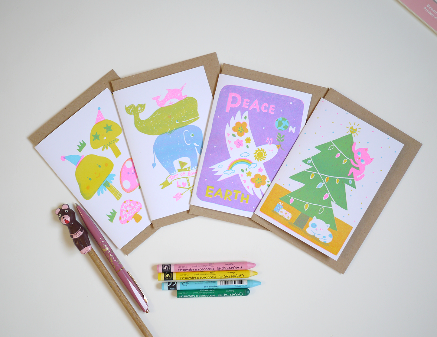 Tons of Love- A6 risograph greeting Card - congratulations birthday new job - Norwhale, elephant, whale on campass card