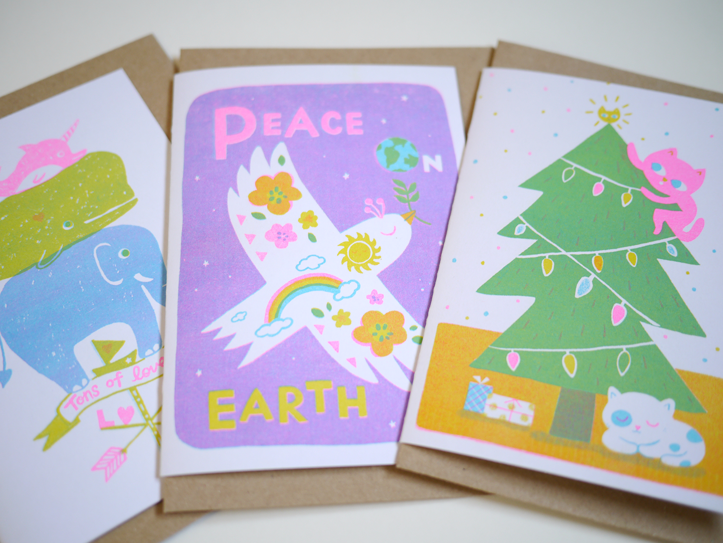 Peace on Earth - A6 risograph peace rainbow dove holidays Card