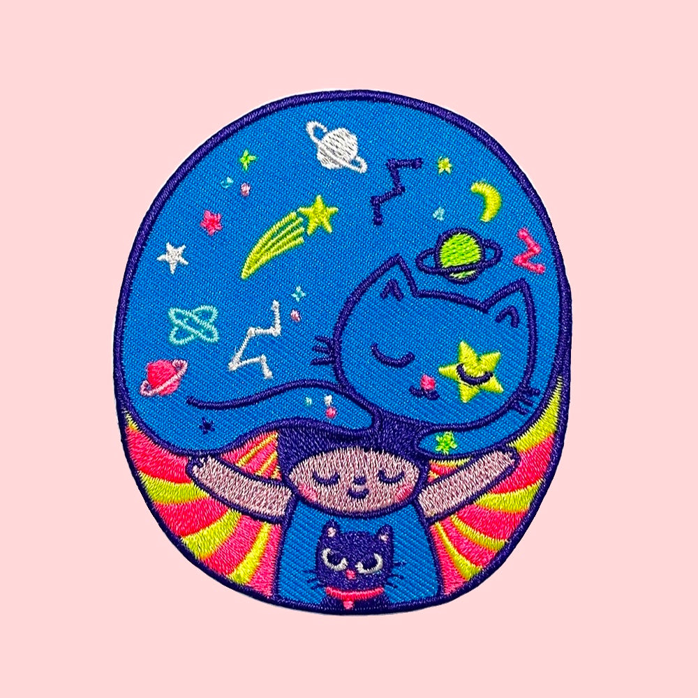 Psychedelic cat iron on patch