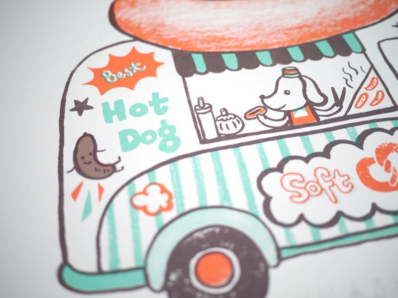Sausage dog with hot dog van - A3 Original limited edition silk screen print