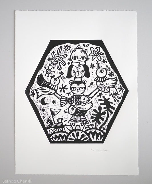 Animal Totem - Original Linocut print