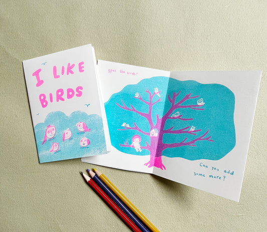 I Like Birds Zine - A6 Risograph Zine (Sky Blue and Pink colourway)
