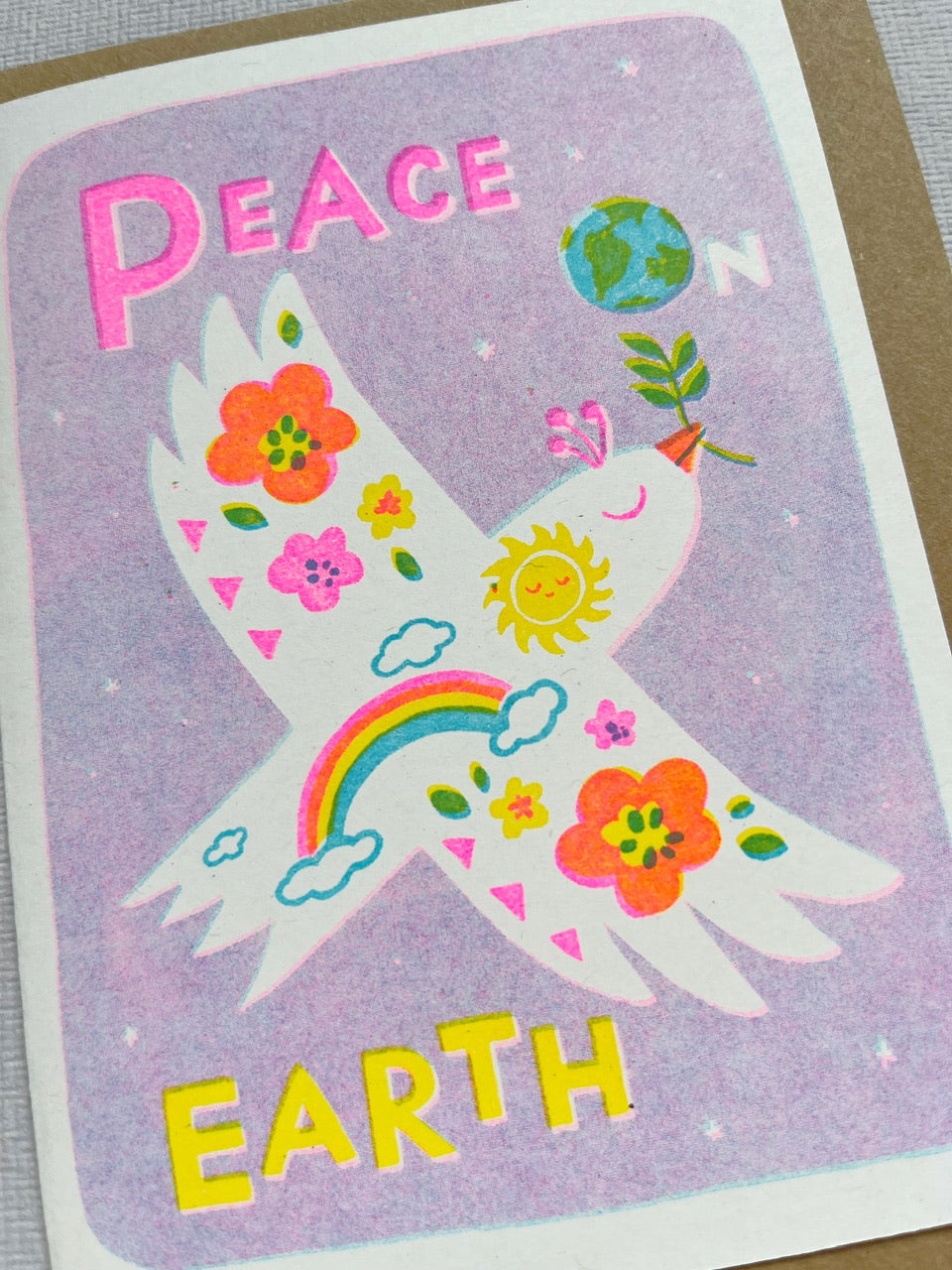 Peace on Earth - A6 risograph peace rainbow dove holidays Card