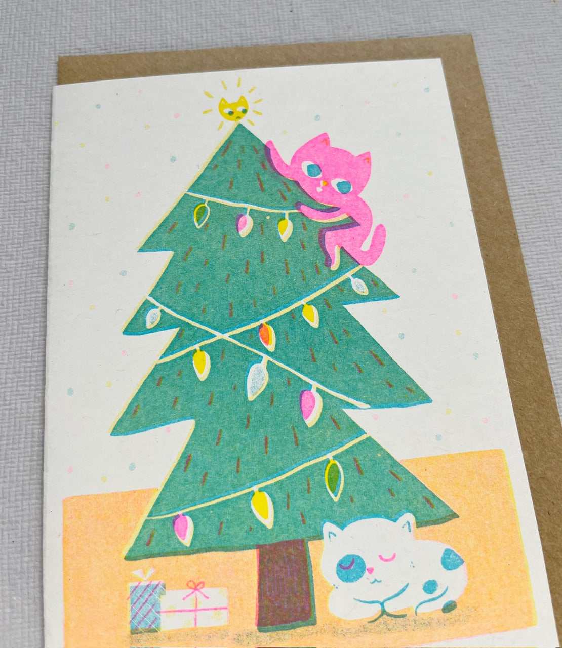 Happy Holiday kitty Xmas tree - A6 risograph cute cats holidays Card