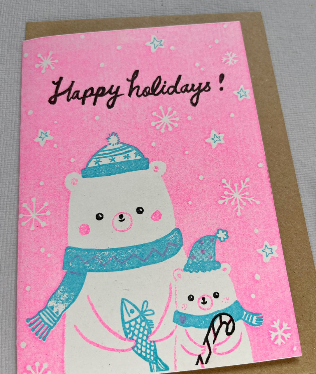 Happy Holiday Polar bears - A6 risograph happy holidays Card