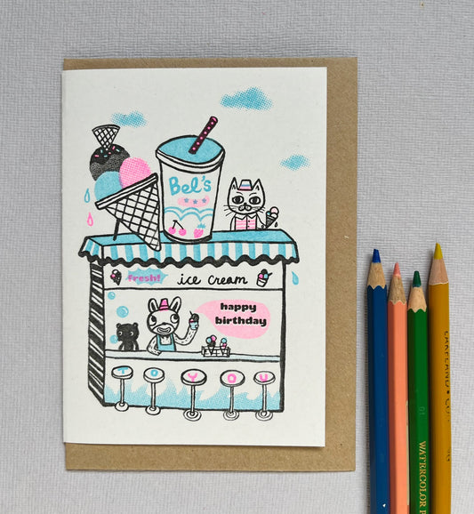 Beach ice cream- A6 risograph birthday card
