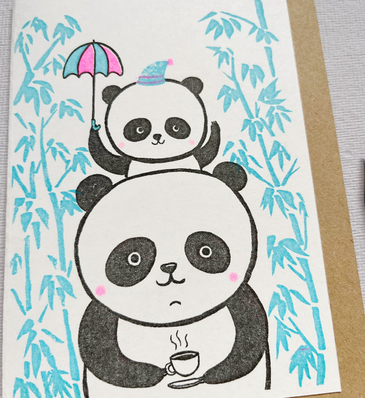 Panda family - A6 risograph card - I Love you, birthday, New baby Card