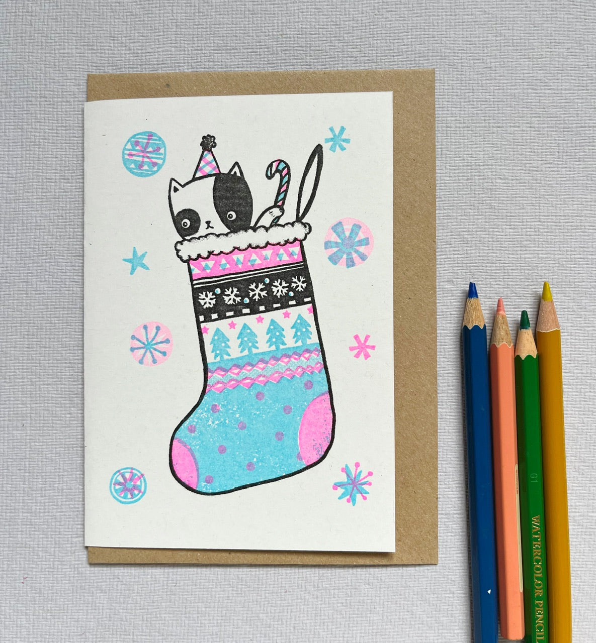 Kitty in Xmas stocking - risograph Christmas holiday Card