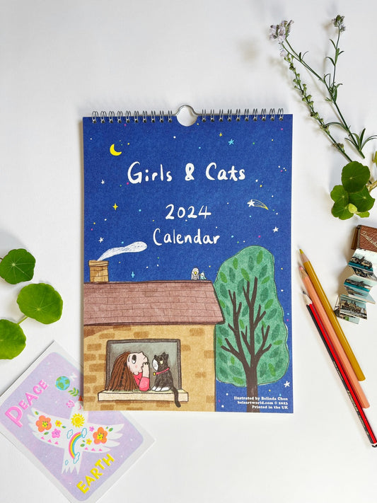 Sale - Girls and Cats 2024 calendar- A4 Wall Calendar