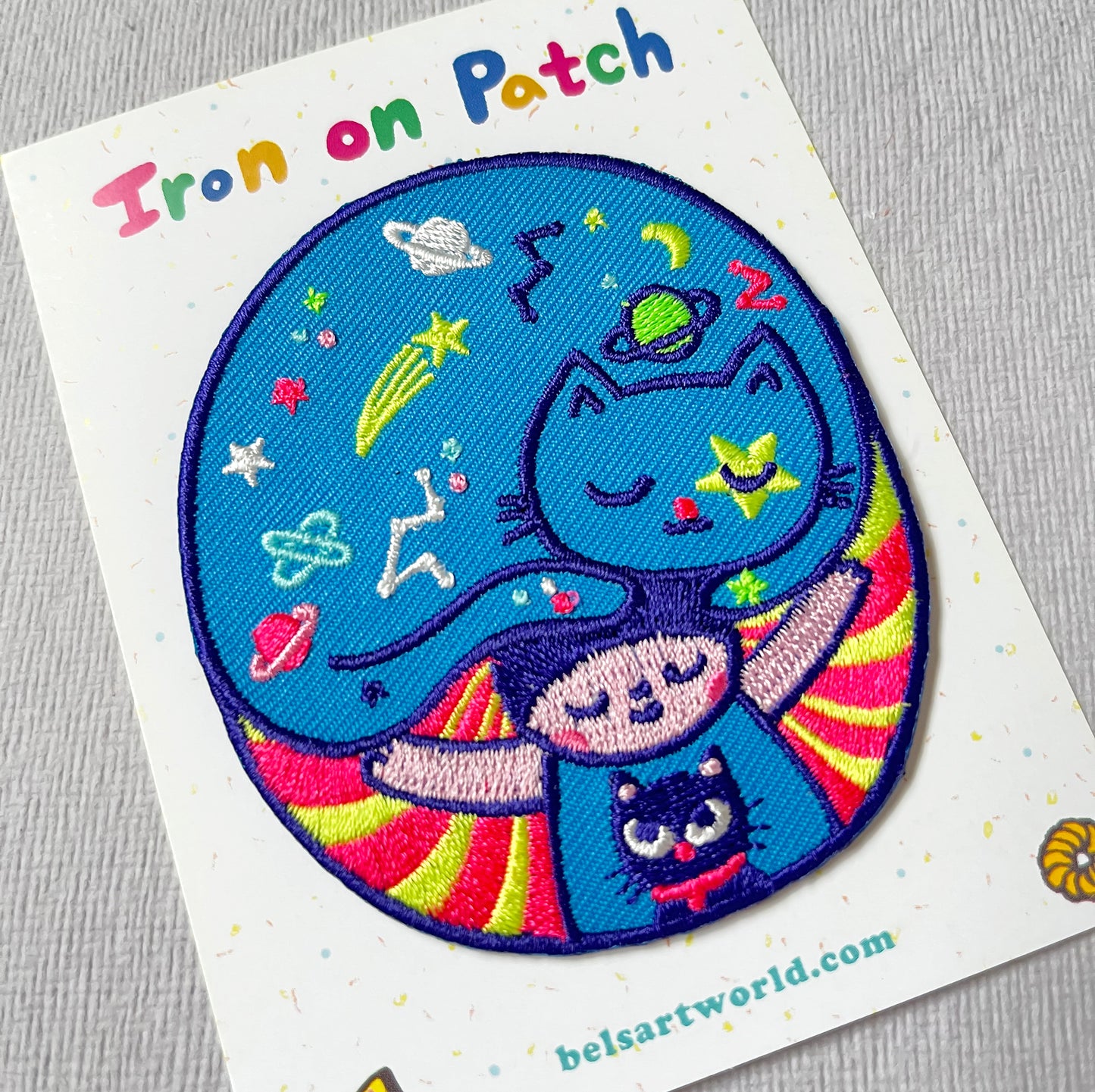 Psychedelic cat iron on patch