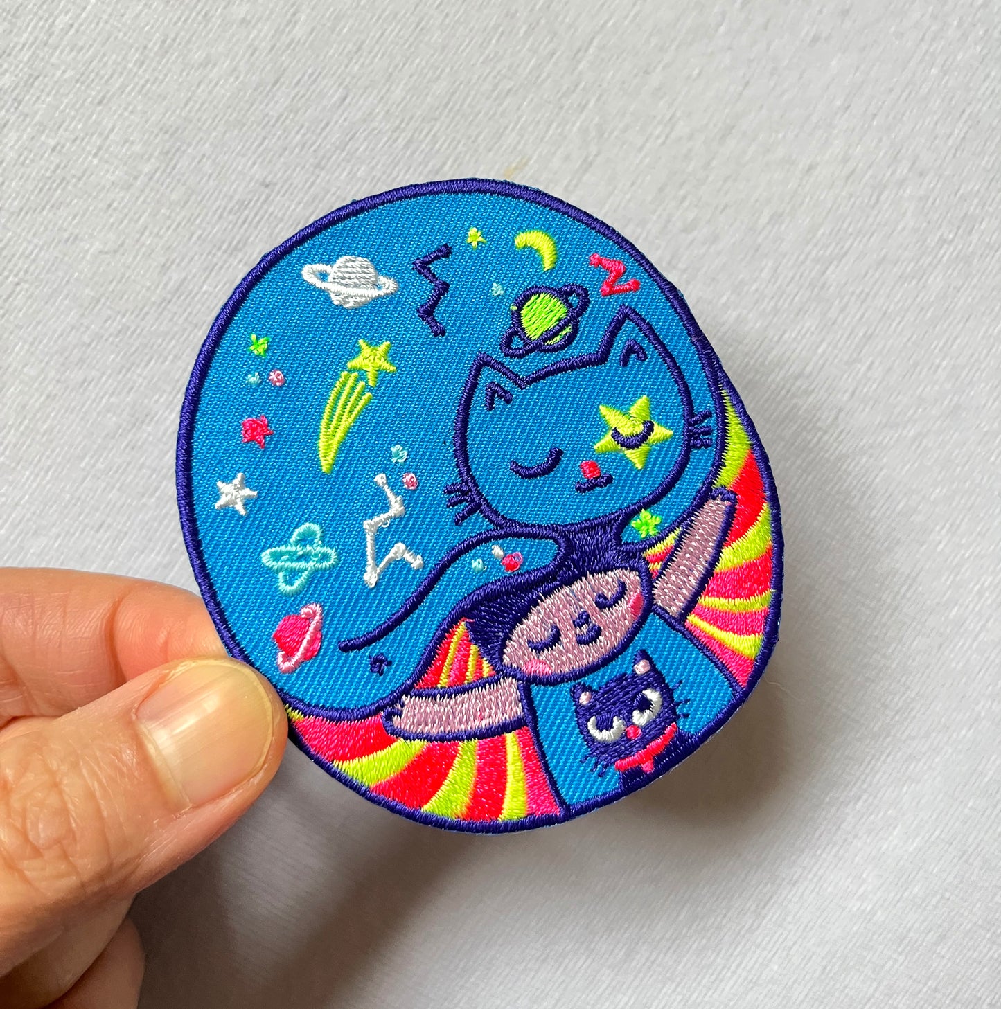 Psychedelic cat iron on patch