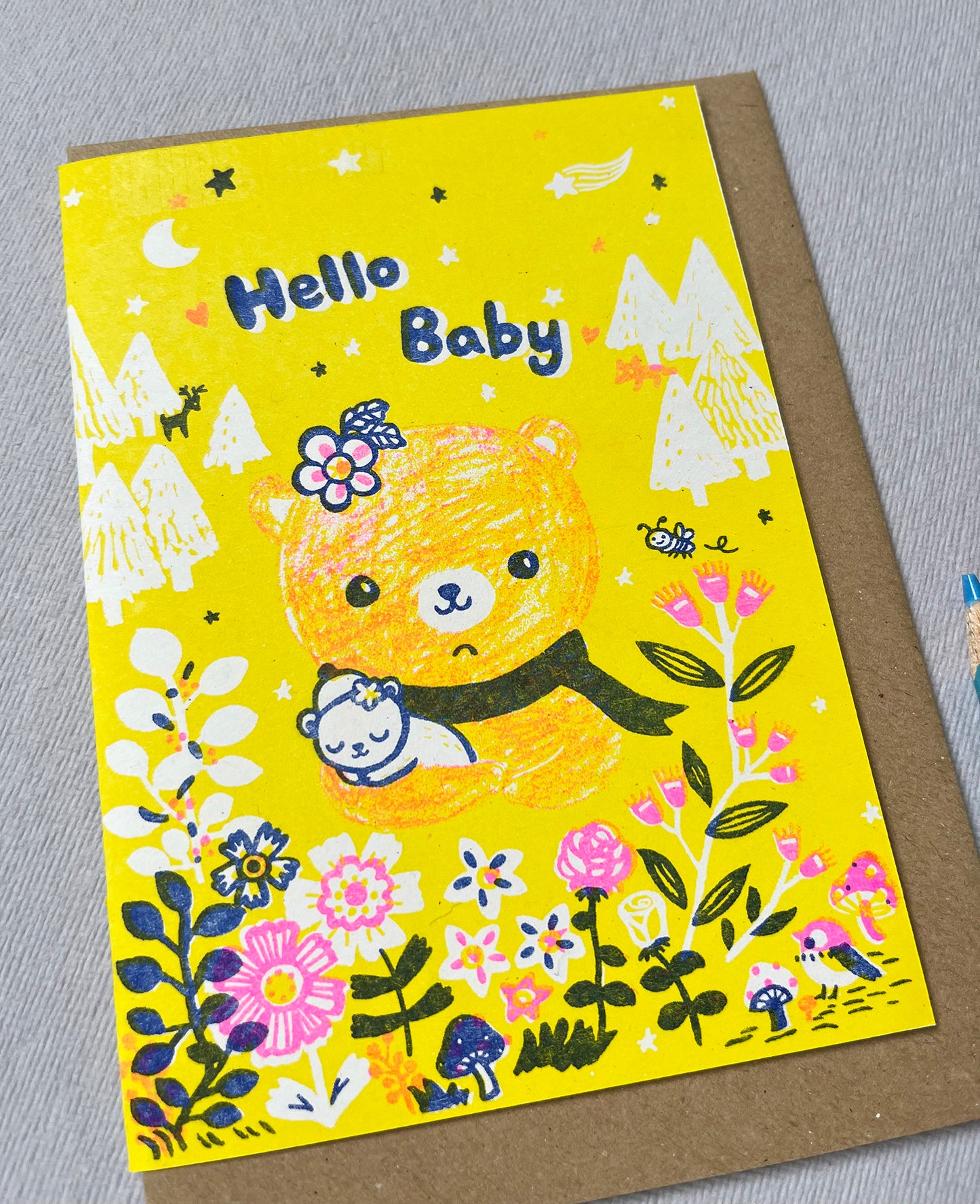 Hello Baby bear - A6 risograph greeting Card - riso cute bear new arrival card