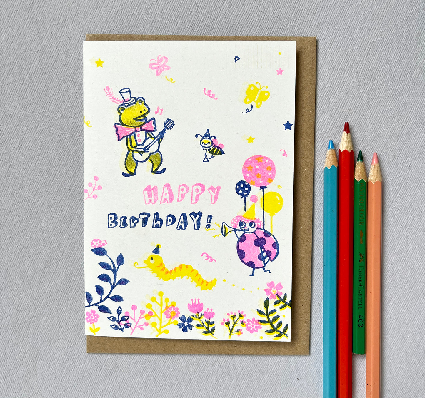 Birthday bugs party - A6 risograph greeting Card - congratulations birthday card
