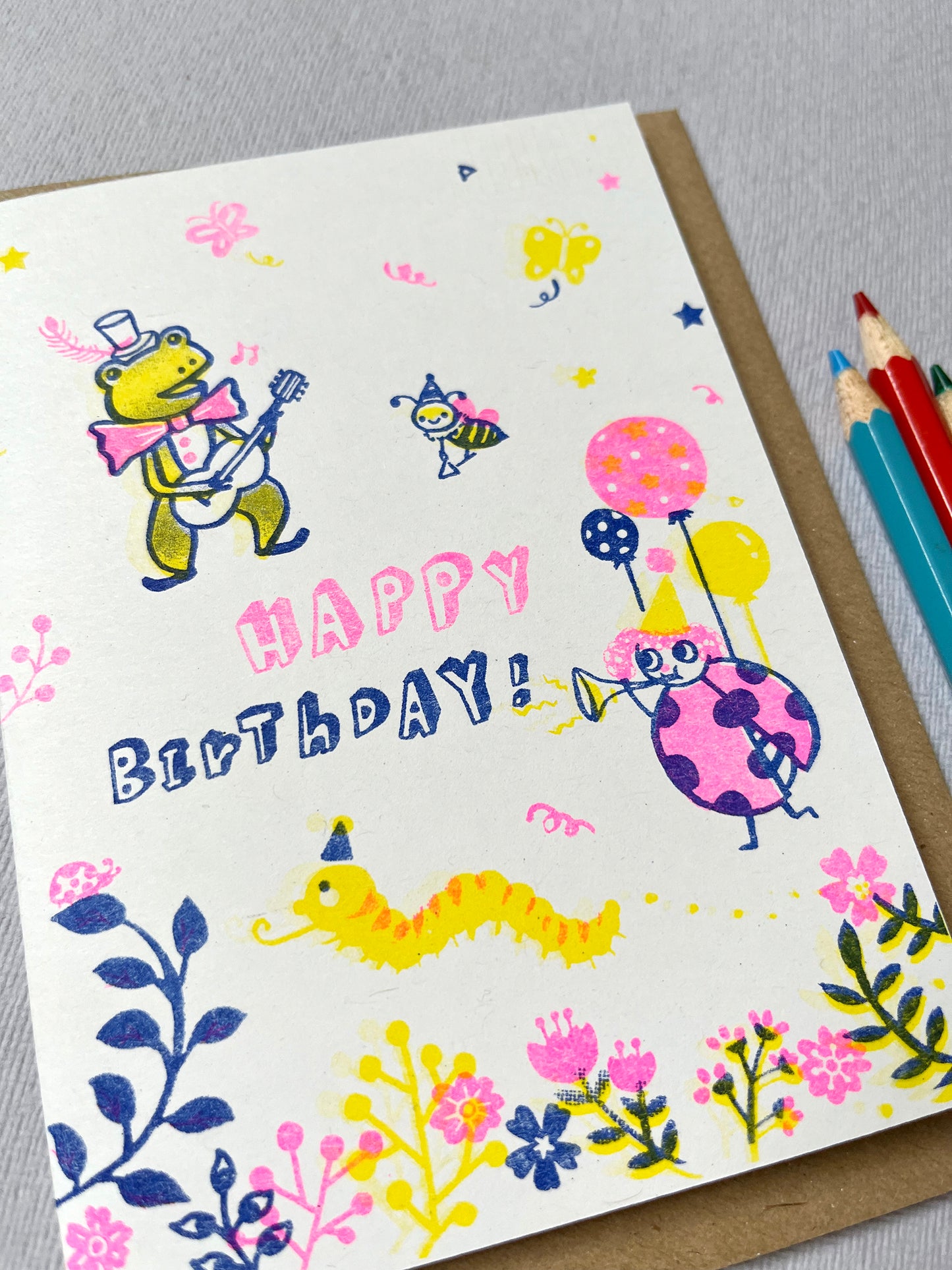 Birthday bugs party - A6 risograph greeting Card - congratulations birthday card