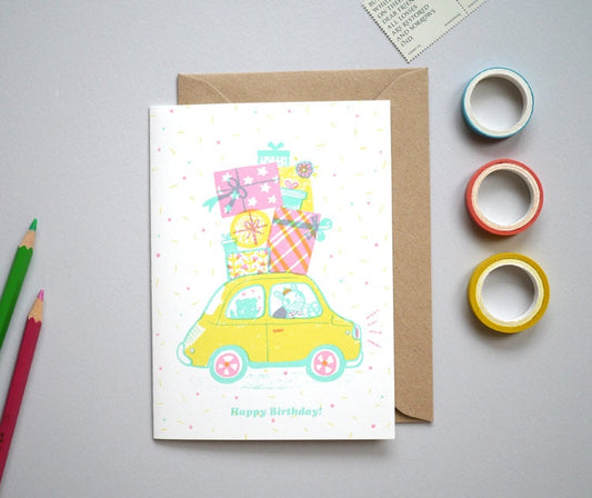 Retro Fiat Birthday - hand printed birthday Card
