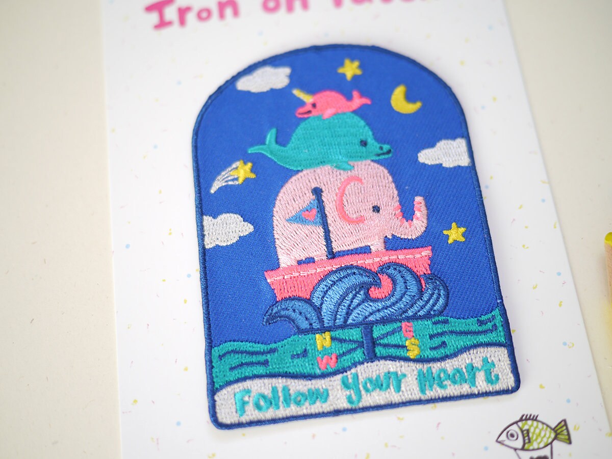 Follow your heart - elephant / whale and narwhal iron On Patch