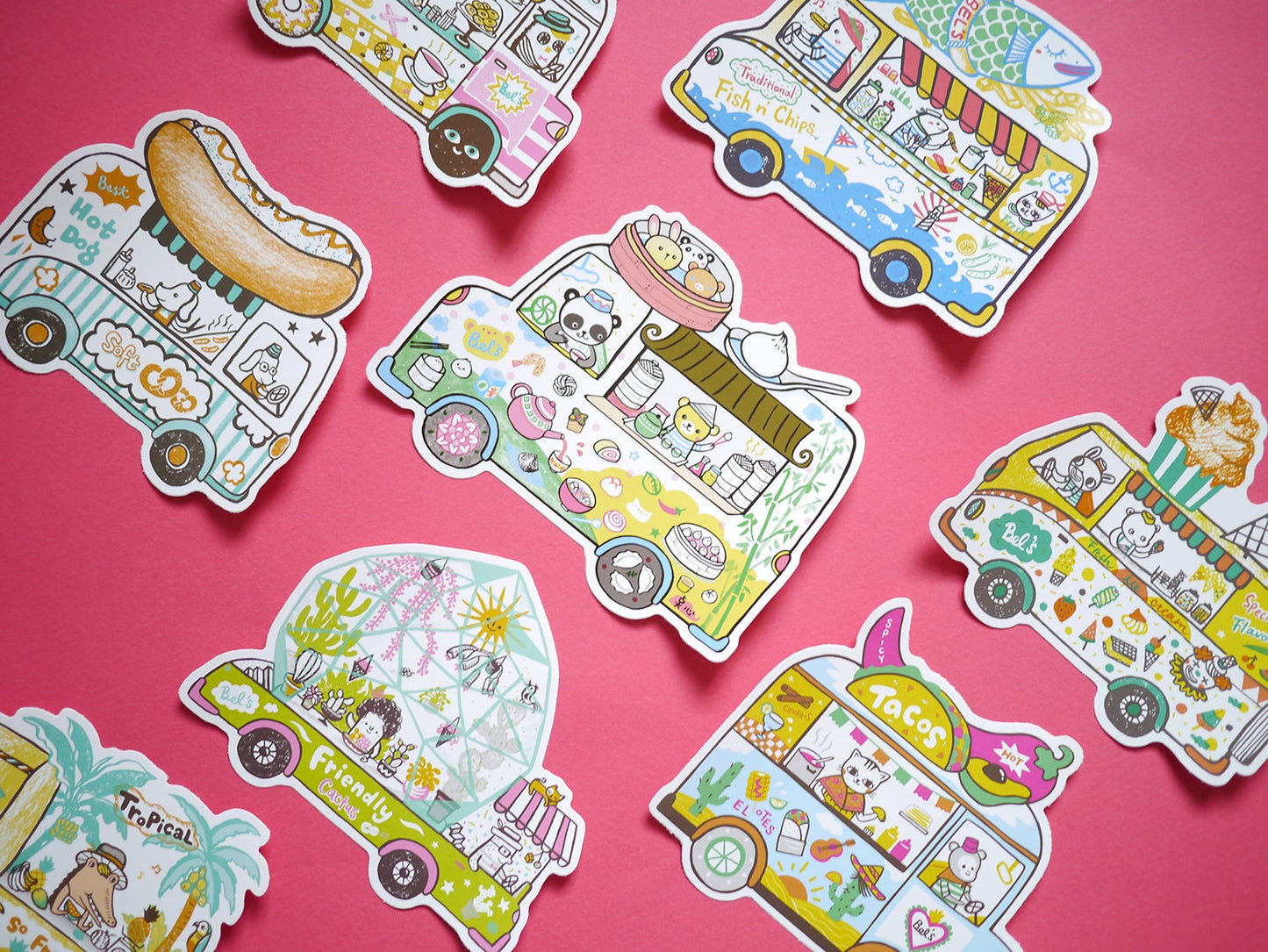 Illustrated street food trucks vinyl sticker -camper van, friendly cactus, Dim Sum, Coffee & donuts, Fish n Chips, Hot Dog, Ice Cream