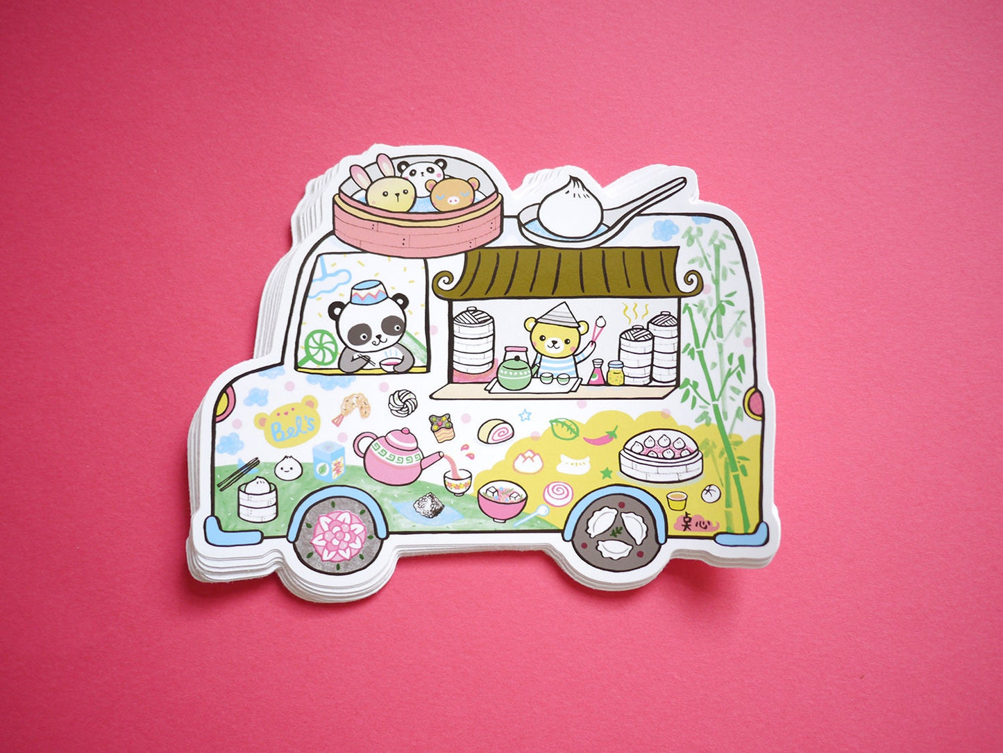 Illustrated street food trucks vinyl sticker -camper van, friendly cactus, Dim Sum, Coffee & donuts, Fish n Chips, Hot Dog, Ice Cream