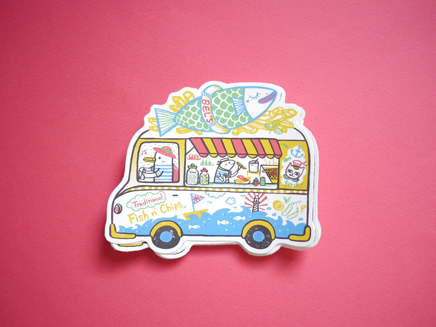 Illustrated street food trucks vinyl sticker -camper van, friendly cactus, Dim Sum, Coffee & donuts, Fish n Chips, Hot Dog, Ice Cream