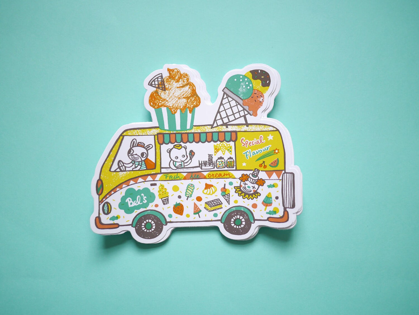 Illustrated street food trucks vinyl sticker -camper van, friendly cactus, Dim Sum, Coffee & donuts, Fish n Chips, Hot Dog, Ice Cream