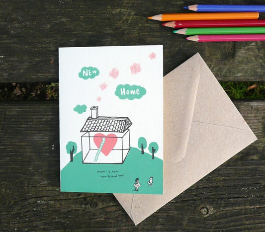 New Home- hand printed greeting card
