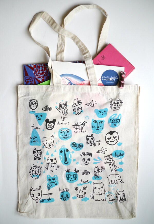 Funny faces- Hand printed large tote bag