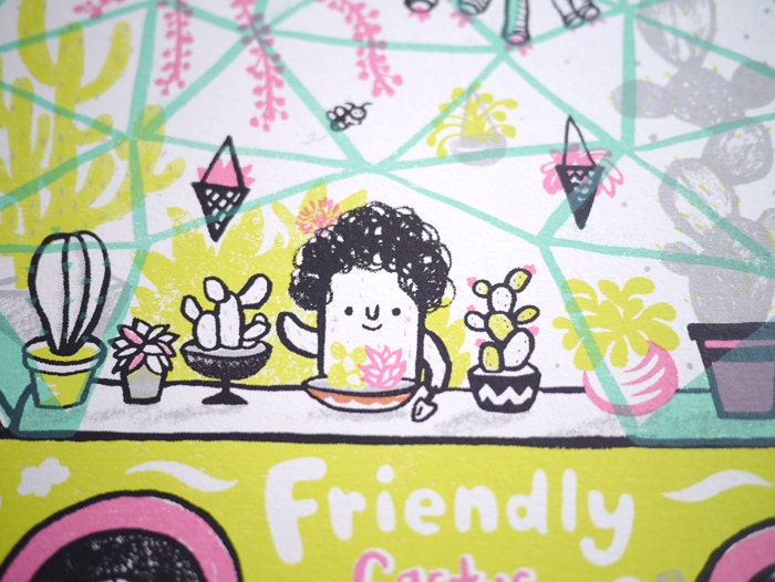 Friendly Cactus Van - A3 Original limited edition silk screen print
